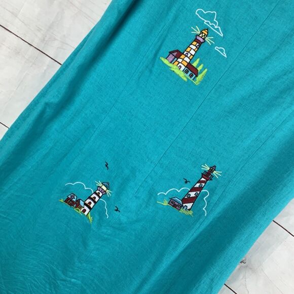 Vintage Dress Linen Embroidered 12 14 XL Lighthouses Nautical Marine Blue Teal - Picture 8 of 16